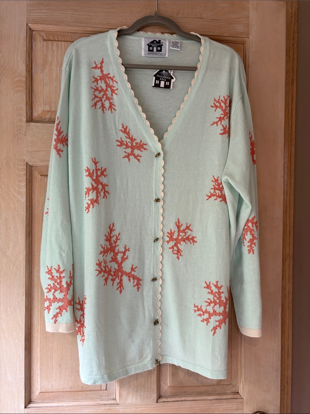 NWT Storybook Knits Mint Green Cardigan with Coral Motif 3X